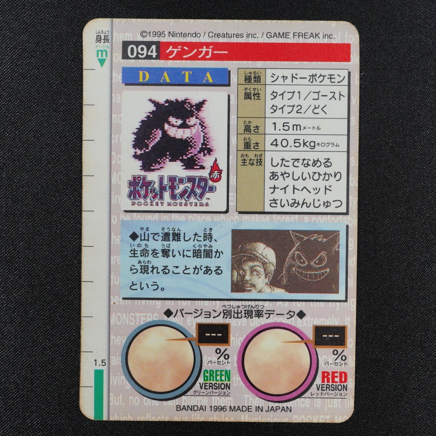 Pokemon Card Gengar 094 Bandai Carddass 1996 Red Prism Holo Japanese F2426