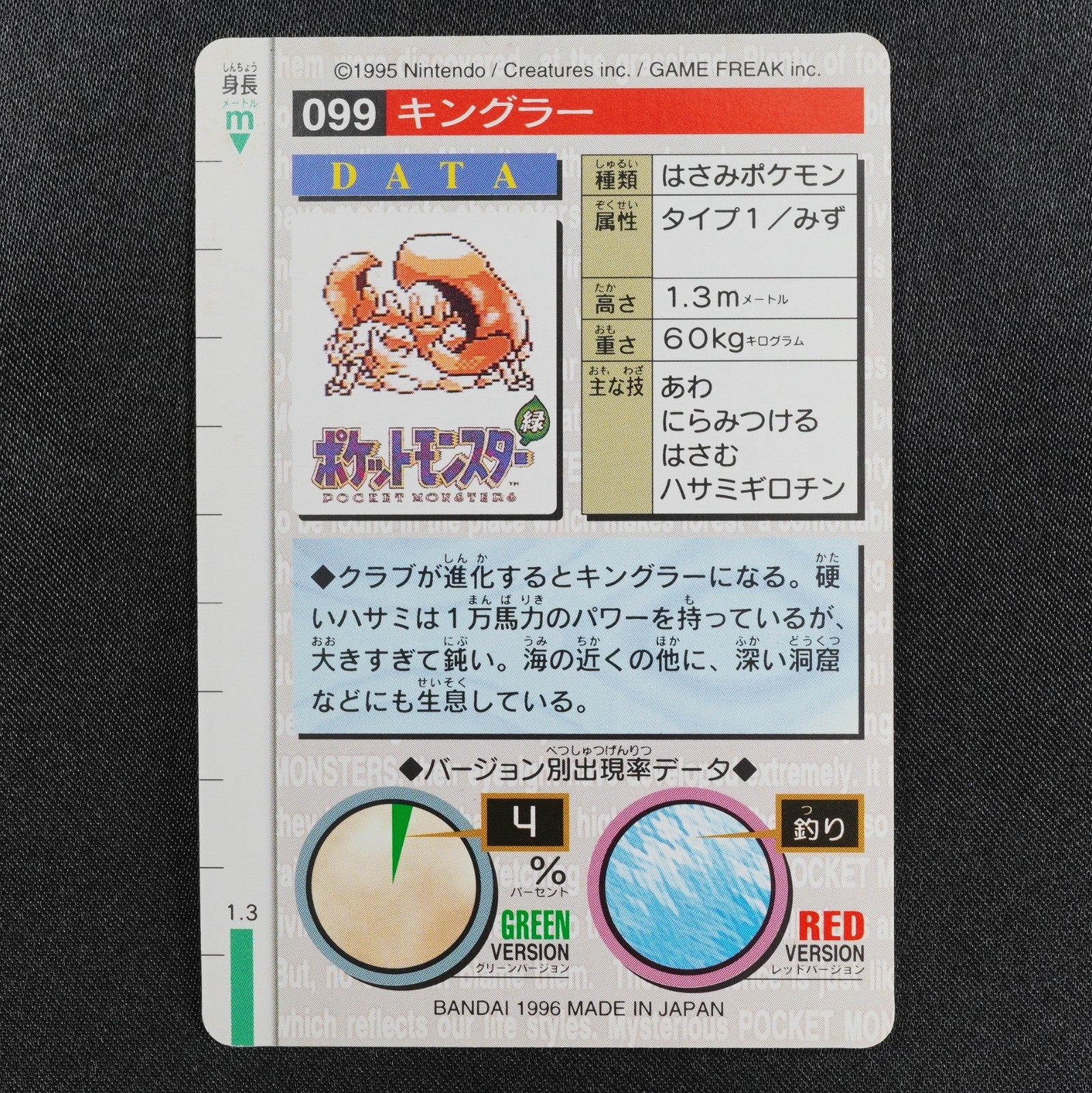 Pokemon Card Kingler 099 Bandai Carddass 1996 Japanese Red P1250