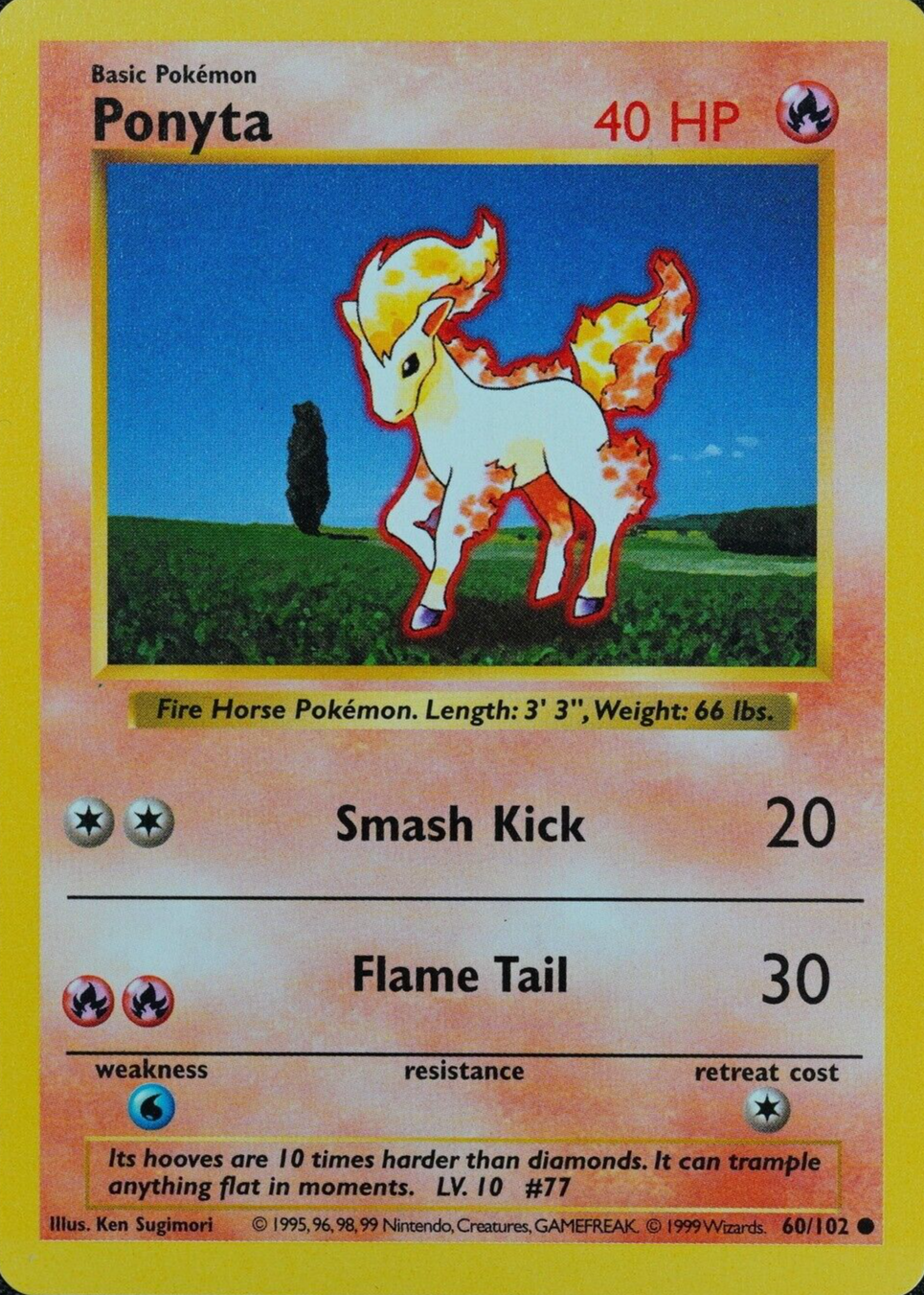 Pokemon Card shadowless Ponyta 60/102 Nintendo 1995, 96, 98, 99 English F3059