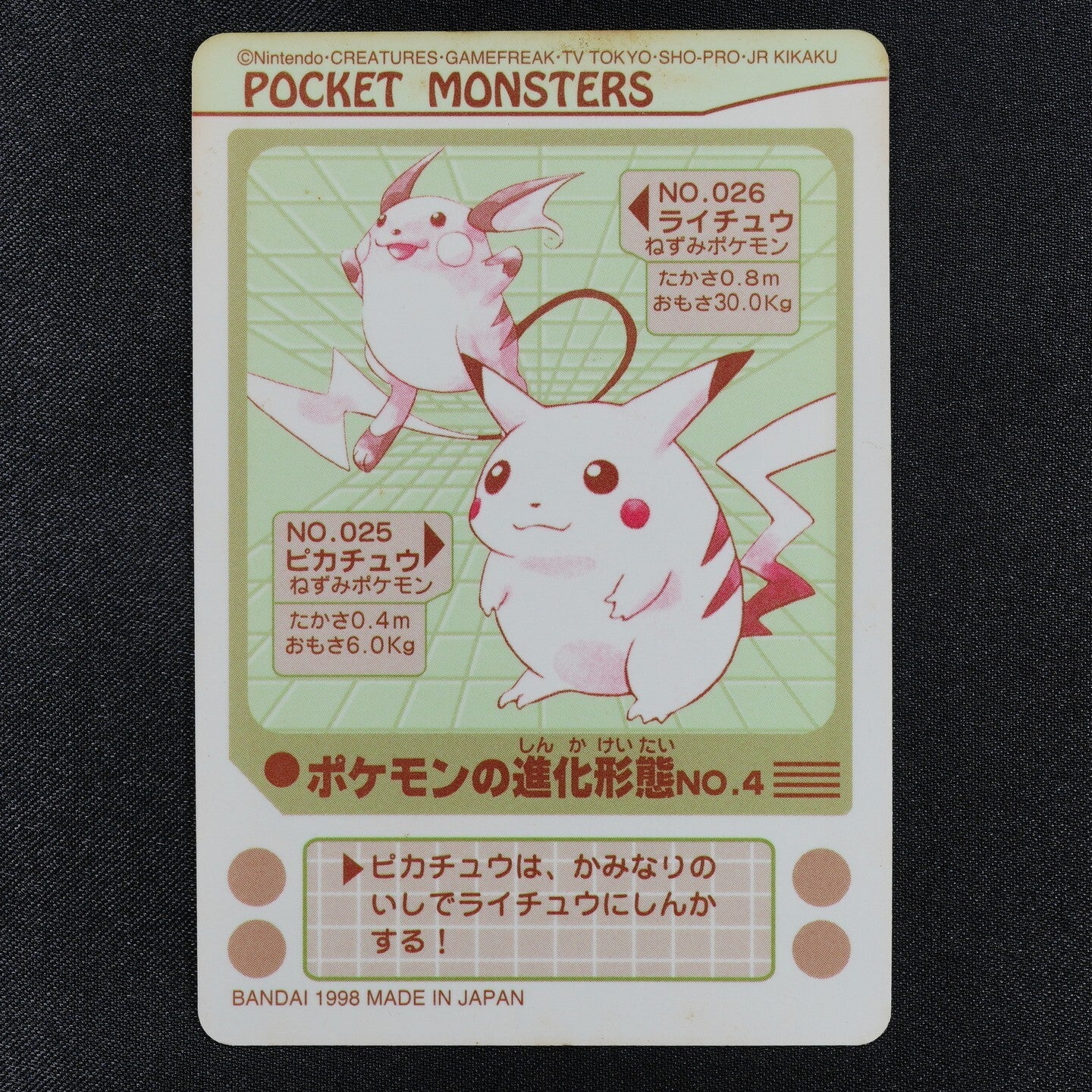 Pokemon Card Pikachu 025 Raichu 026 Bandai Sealdass 1998 Evolution No.4 F3004