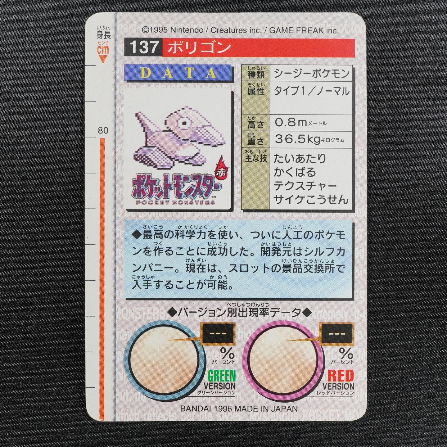Pokemon Card Porygon 137 Bandai Carddass 1996 Made in Japan Red F8343