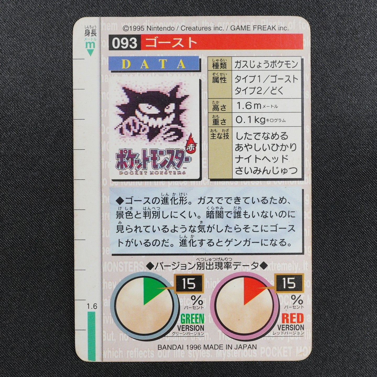 Pokemon Card Haunter 093 Bandai Carddass 1996 Japanese Red F9071