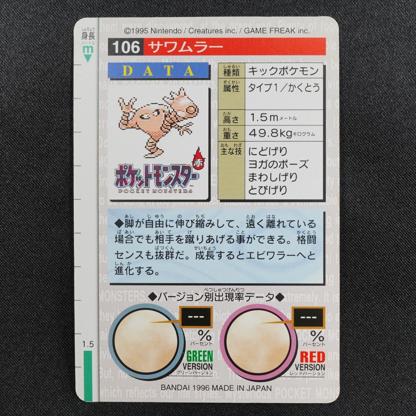 Pokemon Card Hitmonlee 106 Bandai Carddass 1996 Japanese Red P1221