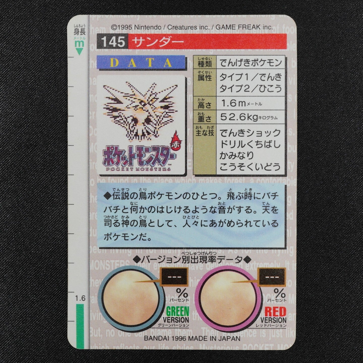 Pokemon Card Zapdos 145 Bandai Carddass 1996 Prism Holo Red Japanese F3094